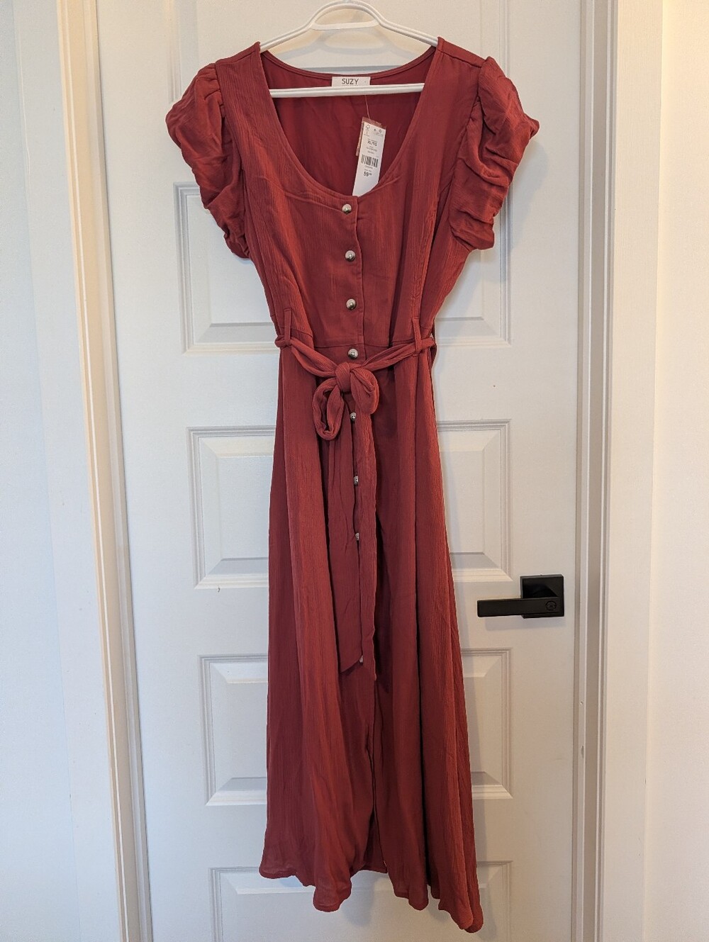 Women's Rust Button-Front Tie-Waist Maxi Dress